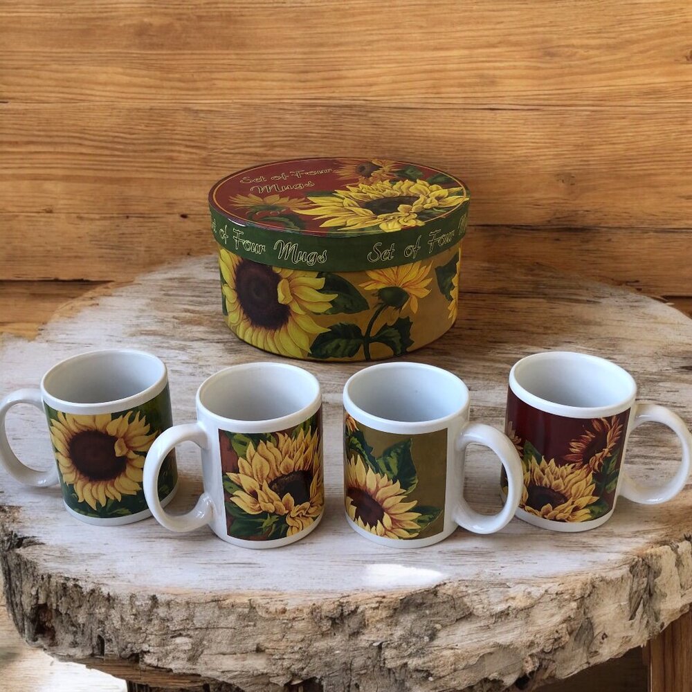 Cracker Barrel Sunflower Mugs Family Blessings Set Of 4 In Decorative Box